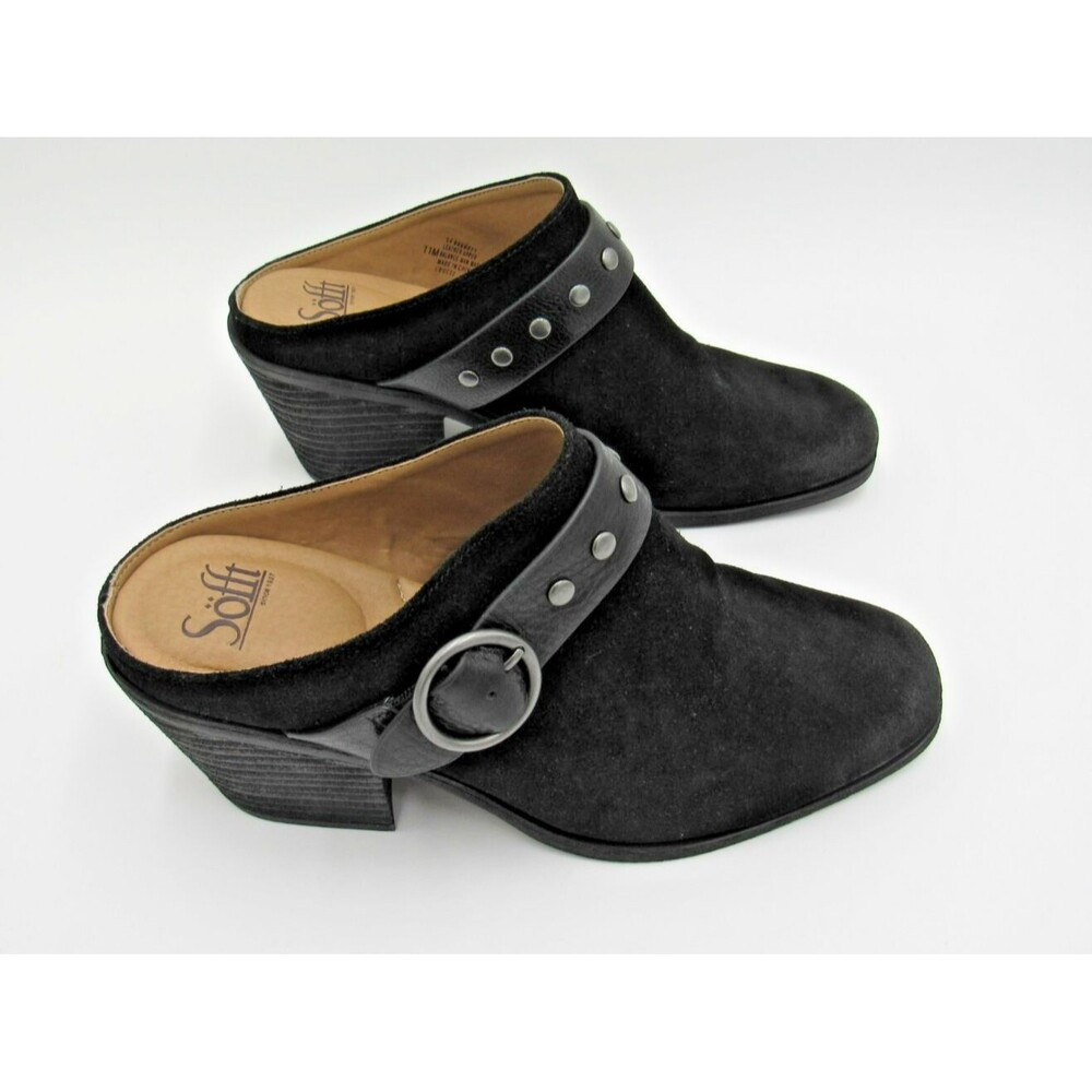 Sofft Adena Clogs Mules Women's 11 Leather Suede Black Studded Buckle Low Heel
